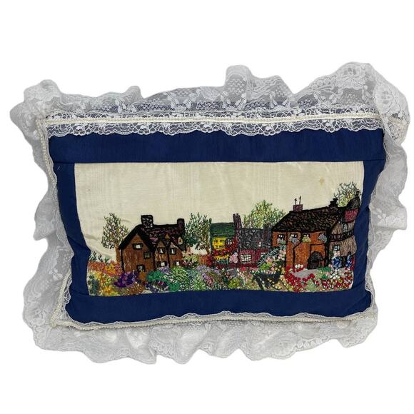 Vintage FINISHED COMPLETED CROSS STITCH Village Town Embroidered Lace PILLOW - Picture 1 of 7